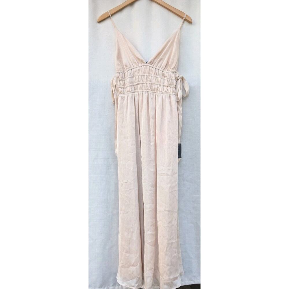 Lulus Women's Babydoll Maxi Dress Sz M Smocked Champagne Gold Shimmer Holiday